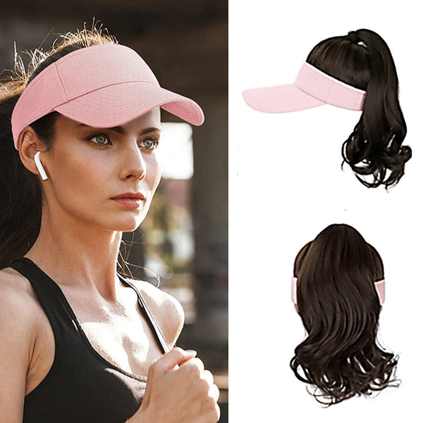 Ponytail Medium Length Curly Hair Open Top Pink Hat Wig