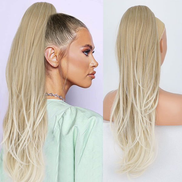 Top Long Wavy Ponytail Ombre Platinum Drawstring Straight Ponytail