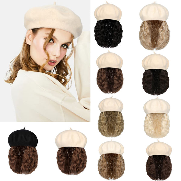 Berets Cap with 8 Inch Wavy Curly Hat Wig