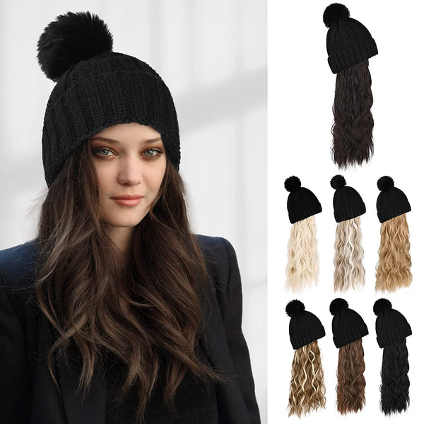 Ins Hot Hat Hair Extension Long Wavy Curly Black Hat Wig