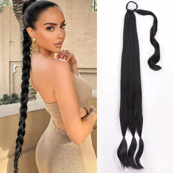 Synthetic Blonde Ponytail Extensions Long Straight Braided Hair Ponytail with Hair Tie for Women Natural 34'' Pony