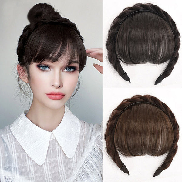 Natural Synthetic Headband With 100% Human Hair Bangs Wig Braid Headband