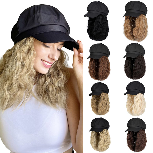 Newsboy Cap with 10 Inch Wavy Curly Hair Extensions for Women